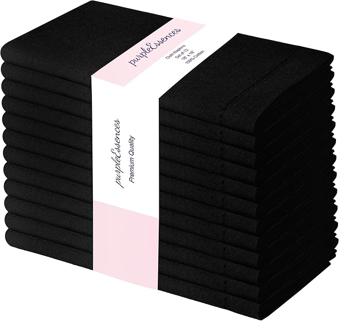 PurpleEssences Set of 12 Hemstitch Cloth Dinner Napkins 100% Cotton - Soft Durable Washable - Ideal for Wedding Christmas Holiday Winter - Perfect Everyday Use Table Linen 18x18 - Black