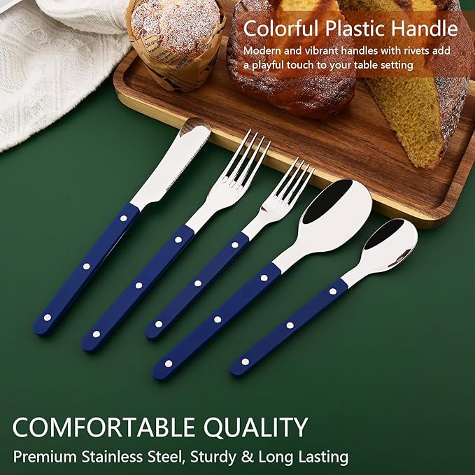 20 PCS Stainless Steel Flatware Set for 4, Silverware Set with Colored Handles, Retro Style Forks Spoons and Knives Set, Vintage Eating Utensils, Blue Acrylic Handle with Rivets Design