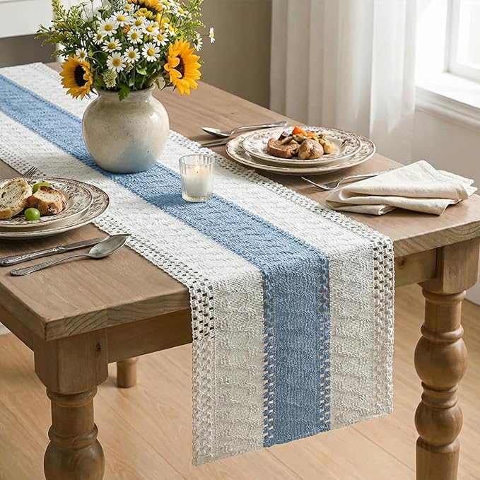 Artoid Mode Sky Blue Farmhouse Rustic Table Runner, Seasonal Holiday Hollow Kitchen Dining Table Decoration for Home Party Decor 12x120 Inch