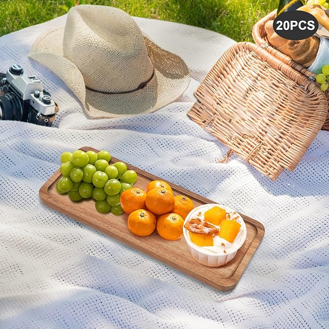 20-Pack Acacia Wood Serving Trays - 13.8"x5.4"x0.6" Appetizer Platters for Restaurants, Catering & Home Entertaining | Natural Wood Grain Rectangular Snack Boards