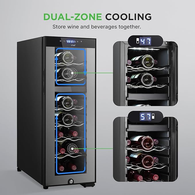Nutrichef 18 Bottle Wine Fridge - Dual Zone Wine Chiller, Adjustable Temperature 41°F to 64°F, Ultra Quiet Operation, Free Standing Wine Cooler For Home, & Office, 32 x 11 x 26 IN (Black)