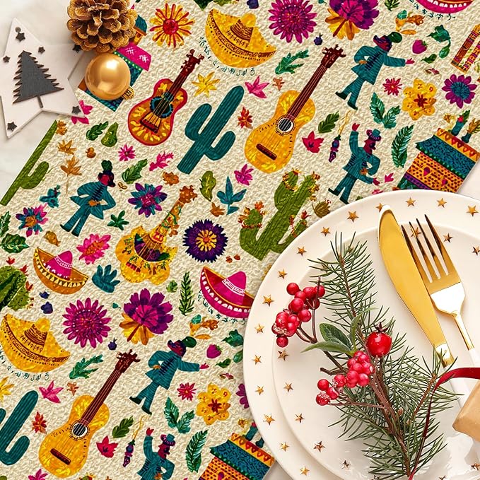 Mexican Flower Cactuses Table Runner Seasonal Holiday Kitchen Dining Linen Table Decoration for Indoor Outdoor Home Party Decor 13 x 72 Inch