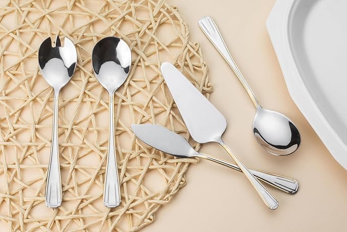 5 Piece Hostess Set - Serving Utensil Set - 18/10 Stainless Steel Silverware - Luxurious Handle with Gold Detailing - Elegant Silver and Gold Flatware Hostess Serveware (5, Verona)