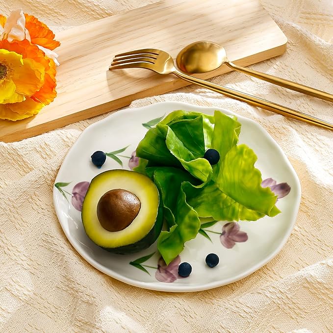 Koythin Floral Ceramic Dinner Plates, 8" Microwave Safe Dishes for Pasta, Modern Rustic Appetizer Plate for Salad Fruits Dessert Cake (Purple Tulip)