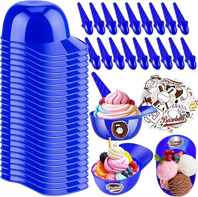 MEEZY 50 Set Baseball Helmet Ice Cream Bowls with 25 Mini Dessert Cups and 25 Spoons, 8oz Reusable Baseball Cap Snack Dessert Cup Bowls Baseball Party Favors for Kids Sports Birthday Party Supplies