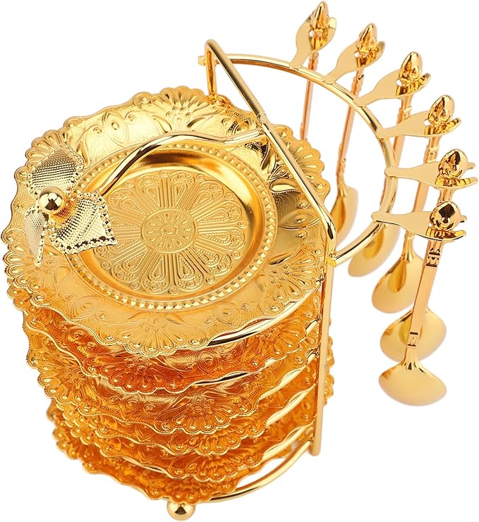 Keenso European Style Metal Plate Set, Zinc Alloy Elegant Cake Serving Tray with Spoon for Fruits Pasta Snacks Parties (Gold)