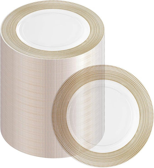 PARTY BARGAINS 13-Inch Charger Plates - 96 Pack, Clear Gold Textured Rim, Heavy-Duty Disposable Chargers for Elegant Dining - Ideal for Weddings and Formal Events