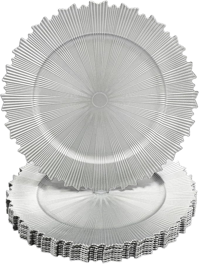 100 PCS Charger Plates Bulk, 13 Inch Plastic Round Charger Dinner Plates Jagged Edge Service Plates Decorative Chargers Bulk for Table Setting Wedding Party Event(Silver)