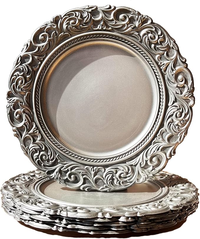 Antique Silver Charger Plates Embossed Rim, 13 Inch Dinner Plate Chargers Round Server Ware. Set of 6 Plastic Charger for Dinner, Wedding, Elegant Tableware Decor