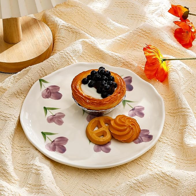 Koythin Floral Ceramic Dinner Plates, 8" Microwave Safe Dishes for Pasta, Modern Rustic Appetizer Plate for Salad Fruits Dessert Cake (Purple Tulip)
