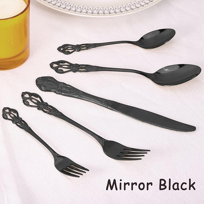 Black Silverware Set for 4, Stainless Steel Gorgeous Retro Royal Flatware Set, 20-Pieces Cutlery Tableware set, Kitchen utensils set Include Spoons And Forks Set, Mirror Finish, Dishwasher Safe