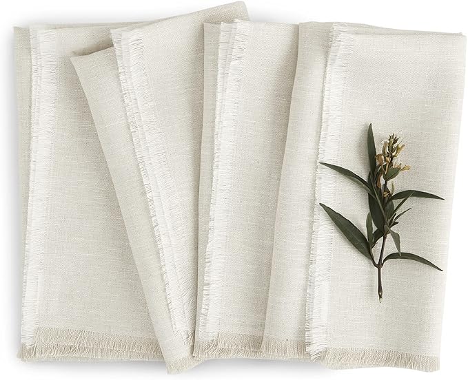 Solino Home Light Natural Linen Napkins Set of 4-100% Pure Linen Cloth Washable Dinner Napkins 20 x 20 Inch for Christmas, Holiday, New Year - Fringe