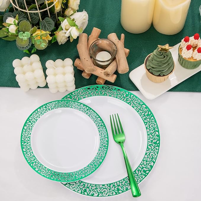 U-QE 150PCS Green Christmas Plastic Plates with Plastic Silverware, Green Christmas Disposable Plates for 30 Guests Include 30 Dinner Plates, 30 Salad Plates,30 Guests Silverware Perfect for Party