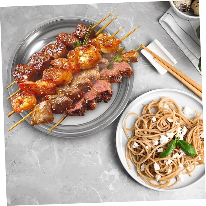 PRETYZOOM 6pcs Stainless Steel Round Plates Deep Serving Trays for Fruit Pasta Bbq Silver Dinnerware for Home Camping and Parties