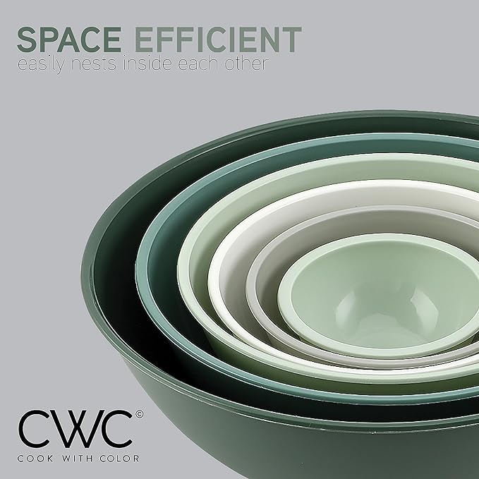 COOK WITH COLOR Mixing Bowls with Non Slip Bottom - 12 Piece Plastic Nesting Bowls Set includes 6 Prep Bowls and 6 Tritan Lids - Microwave Safe (Sage)