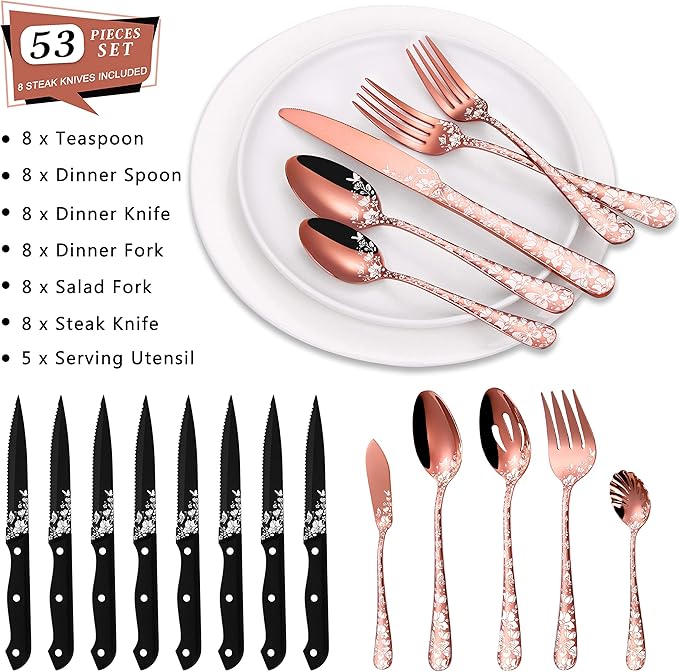 Stapava 53-Piece Copper Silverware Set with Serving Utensils for 8, Stainless Steel Rose Gold Flatware Cutlery Set, Mirror Eating Utensils Tableware with Butterfly Flower Laser, Dishwasher Safe
