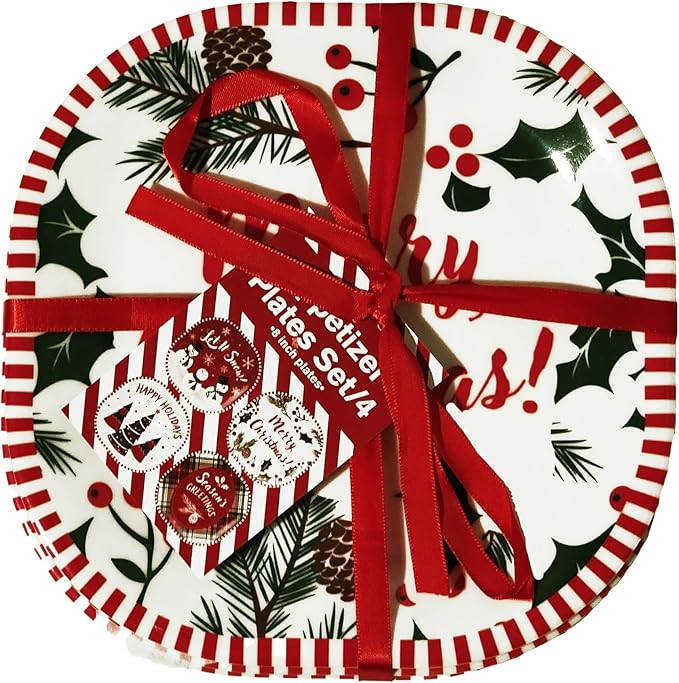 Kane Christmas 8-inch Melamine Appetizer Plates, Set of 4, for Dinner and Decorating, Salad or Dessert Dinnerware