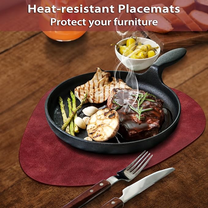 ADRIMER Placemats, Heat Resistant Round Placemats Set of 4 Washable 13 x 17 Inch, Waterproof Table Mats Wipeable for Kitchen, Dining Room Table Christmas Decor, Wine Red