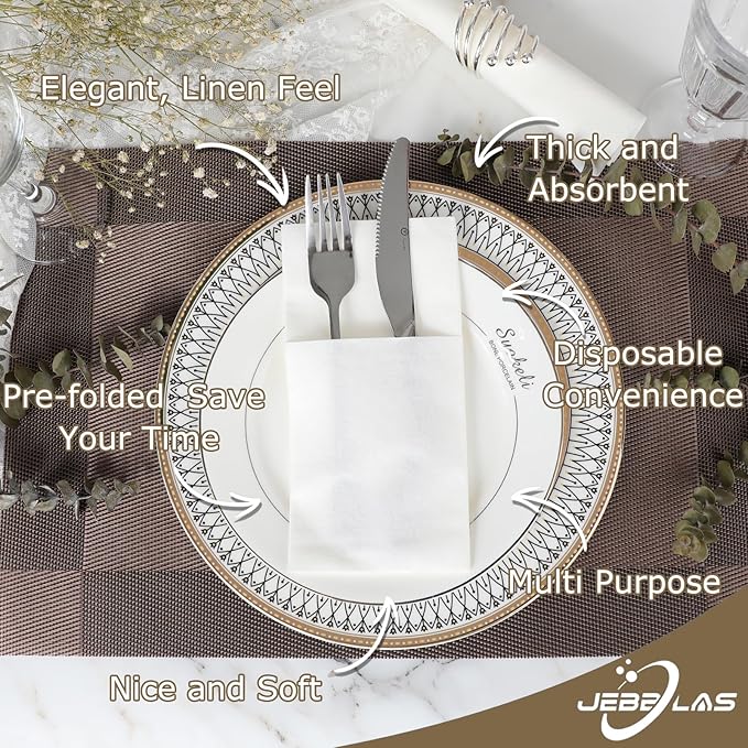 JEBBLAS 100Pack Disposable Cloth Like Napkins, Built-in Flatware Pocket, Wedding Party Linen Feel White Napkin, Prefolded for Silverware