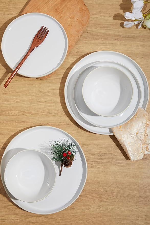 Ceramic Dinnerware Set for 4,Reactive Glaze Plates and Bowls Sets,Microwave Safe,Chip-Resistant Dish Set,Perfect for Modern Dining,Farmhouse Style (Fog White, Service for 4 (12pcs))