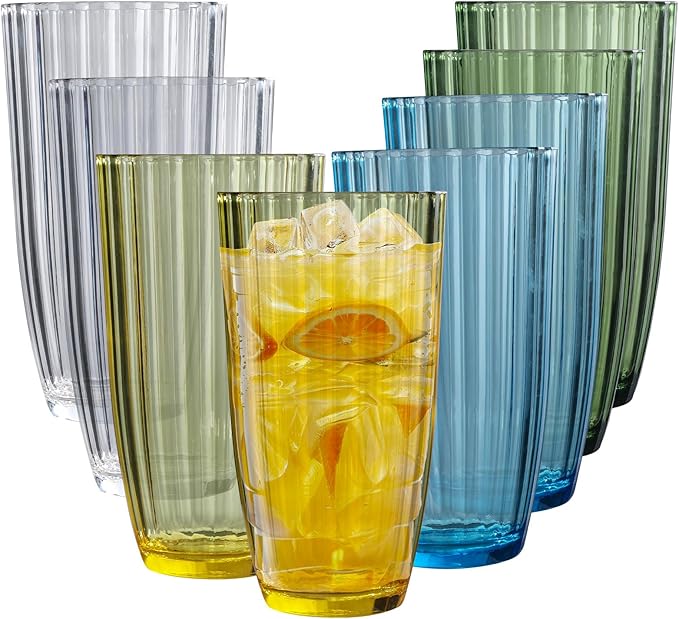 AKMQYM Acrylic Clear Highball Plastic Cups | Plastic Reusable Tumblers 20oz (Set of 8) | Stackable | BPA-free Tumblers | Shatterproof | Top-rack Dishwasher Safe