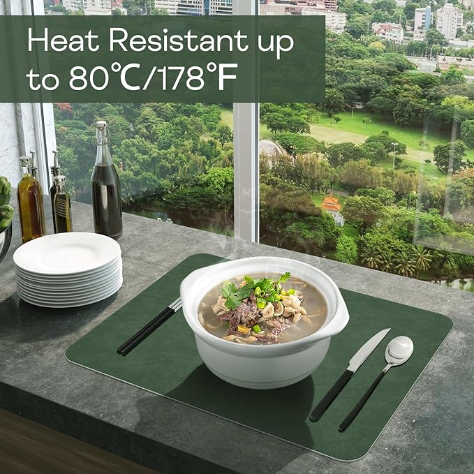 Faux Leather Placemats Set of 6, Vinyl Placemats Wipeable Waterproof Oil-Proof Table Mats, Heat Resistant Place Mats for Kitchen Indoor Outdoor, 16.9 x 11.8 Inch (Green/Grey)