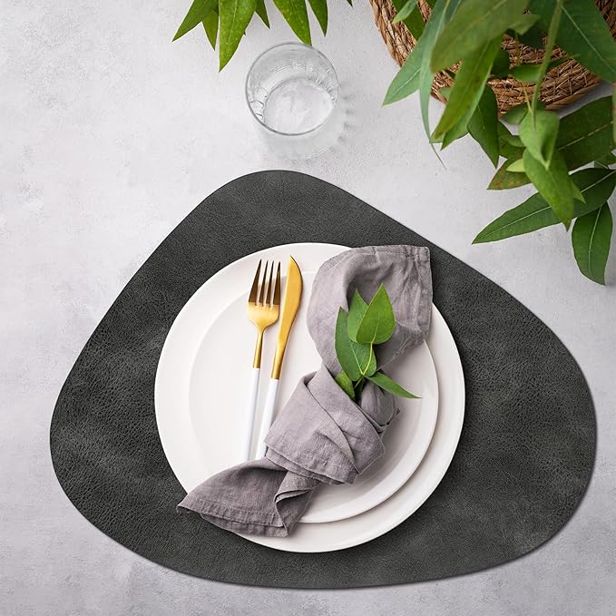 ADRIMER Placemats, Heat Resistant Round Placemats Set of 6 Washable 13 x 17 Inch, Waterproof Table Mats Wipeable for Kitchen, Dining Room Table Christmas Decor, Dark Grey