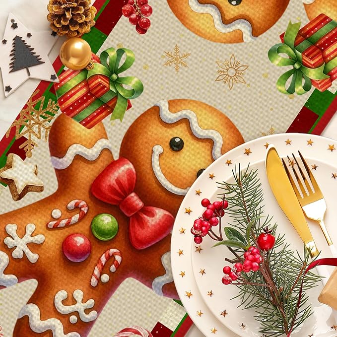 Christmas Gingerbread Table Runner Seasonal Winter Kitchen Dining Linen Table Decoration for Indoor Outdoor Home Party Decor 13 x 72 Inch