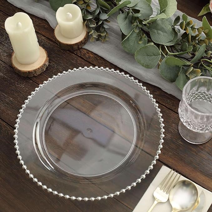 10" Dinner Plates - Set of 10 - Plastic Clear Silver Round Disposable Plate Beaded Rim, Ideal for Decoration Party Wedding Bulk Events