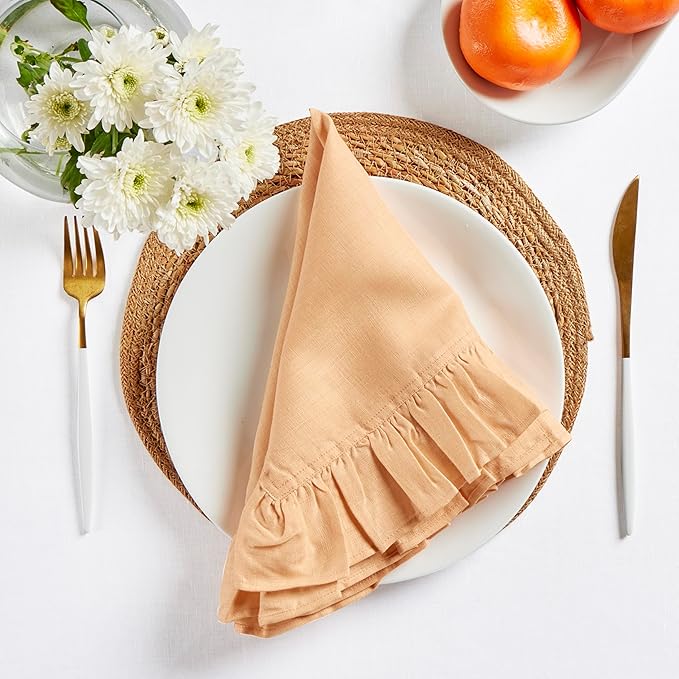 Solino Home Linen Ruffle Napkins Set of 4-100% Pure Linen Peach Dinner Napkins Cloth 20 x 20 Inch - Gabrielle Ruffle, Handcrafted and Machine Washable