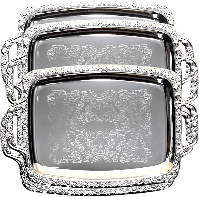 (Pack of 4) 17.7" x 10.6" Unique Rectangular Vintage Chrome Plated Serving Tray with Handle Floral Engraved Wedding Birthday Buffet Party Dessert Food Snack Wine Platter T140-4PK