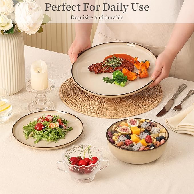 Dinner Plates Set of 4: Ceramic 10.7 Inch Handmade Reactive Glaze Stoneware Plates for kitchen, Modern Dinnerware Plates, Microwave & Dishwasher Safe, Scratch Resistant (Beige)