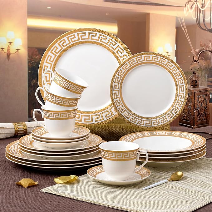 Euro Porcelain 20-pc Dinnerware Set w/ Gold Greek Key Pattern 24K Ornament, HQ Dining Service for 4