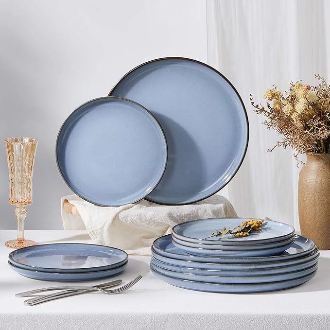 Herogo 4-Piece Stoneware Dinner Plates Set, 10.43" Ceramic Round Plate Set, Handmade Double Reactive Glaze Dinnerware Plates for Kitchen, Microwave, Oven and Dishwasher Safe, Haze Blue