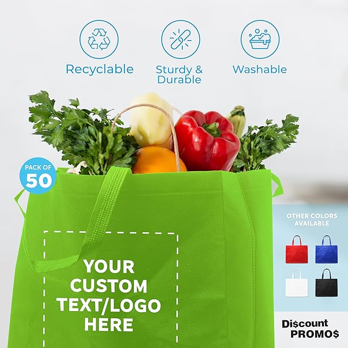 DISCOUNT PROMOS Custom Jumbo Sized Tote Bags Set of 50, Personalized Bulk Pack - Reusable Grocery Bags, Shopping Bags, Promotional Item Totes for Women - Lime Green