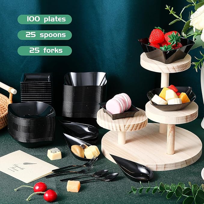 Tessco 200 Pcs Mini Appetizer Plates with Spoons Forks Disposable Mini Dessert Plates Plastic Appetizer Bowls Tiny Individual Serving Trays for Party(Black,Classic)