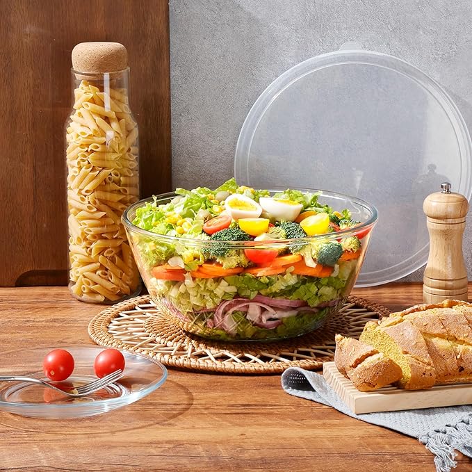 NUTRIUPS 4.7 Quart Large Glass Mixing Bowl with Lid, Deep Big Glass Bowl Large Glas Salad Bowl