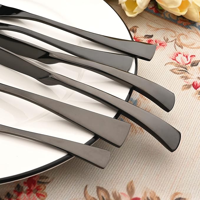 24-Piece 304 Silverware Set, Mirror Polish Serving Flatware Cutlery Set Include Steak Knife Fork Spoon, Wedding Kitchen Restaurant Utensils Daily Use, Service For 4, Black