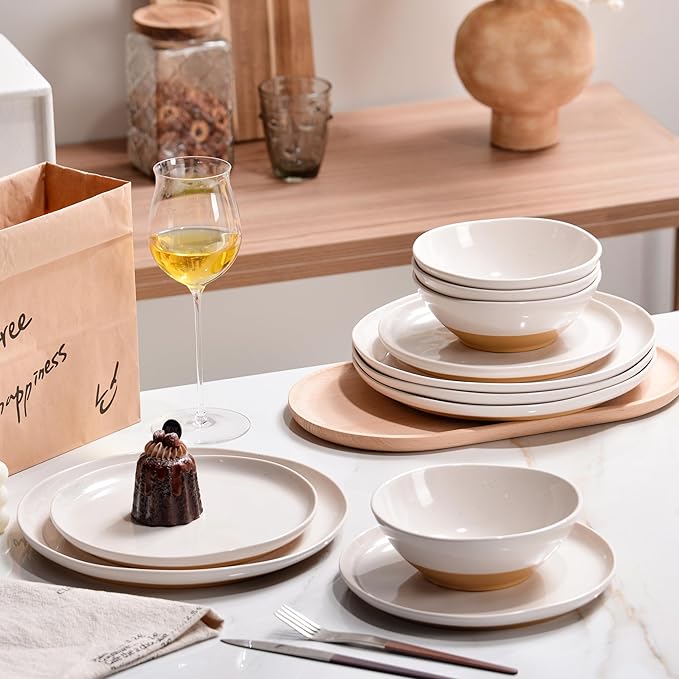 FINE&NICE Melamine Dinnerware Sets of 12 Pcs, Unbreakable Plates and Bowls Set for 4, Dinner Dishes Set for for Patio, RV and Camping, Dishwasher Safe (White with Brown)