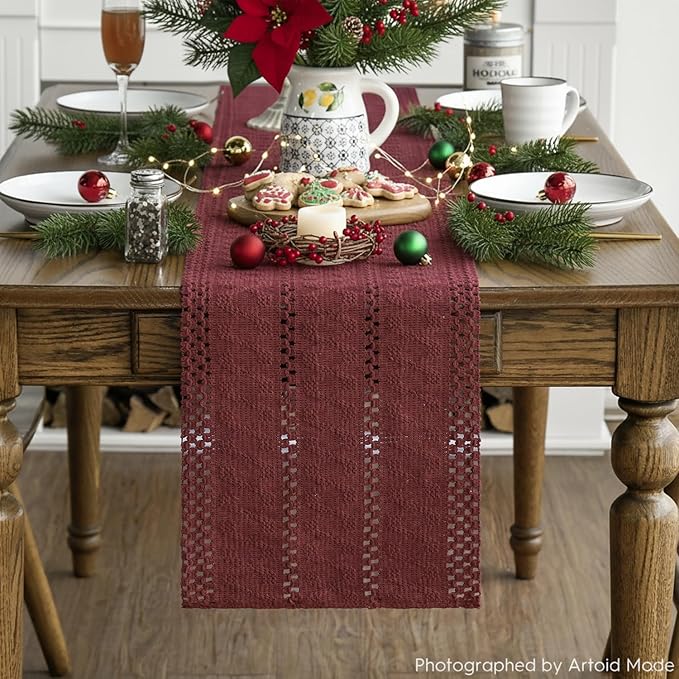 Artoid Mode Red Farmhouse Woven Rustic Hollow Table Runner, Seasonal Holiday Hollow Kitchen Dining Table Decoration for Home Party Decor 12x72 Inch