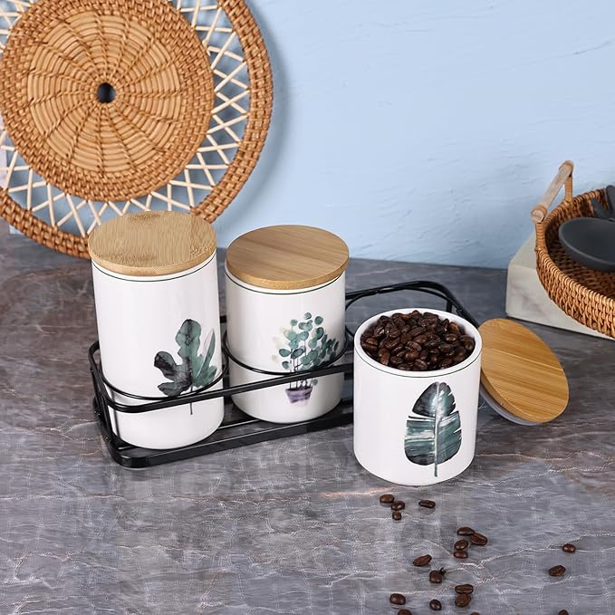 Ceramic Canister Set for Kitchen Countertop - A Set of 3 Kitchen Canisters with Tiered Shelf, Airtight Countertop Flour and Sugar Containers, Coffee and Tea Storage (Green plants A)