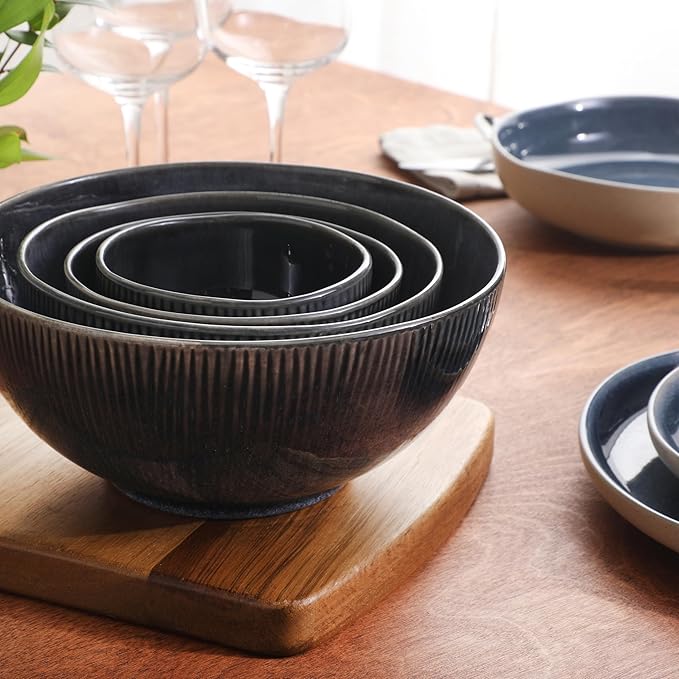 Gibson Elite Sandy Pines 4 Piece Nesting Bowl Set, 4”, 5.5”, 7” & 9” Round Stoneware Bowls, Reactive Glaze Finish, Blue, Mixing, Prep & Serving Bowls, Microwave & Dishwasher Safe