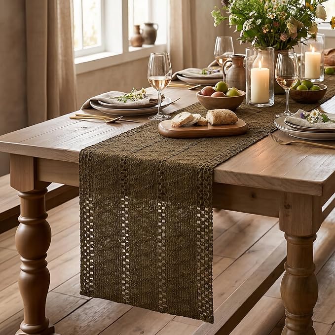 Artoid Mode Light Coffee Farmhouse Woven Rustic Hollow Table Runner, Seasonal Holiday Hollow Kitchen Dining Table Decoration for Home Party Decor 12x36 Inch