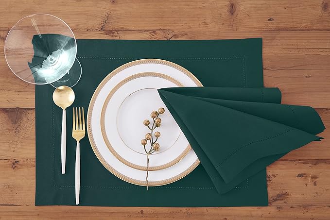 Solino Home Cloth Napkins Set of 4 - Cotton Linen Hemstitch Dark Green Dinner Napkins 20 x 20 Inch for Winter, St Patricks Day - Handcrafted and Machine Washable
