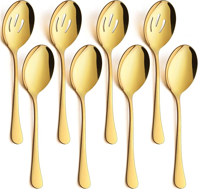LIANYU 8 Pack Gold Slotted Serving Spoons, 8.7 Inch Stainless Steel Serving Utensils Spoon Set for Banquet Catering Buffet Dinner Restaurant Party