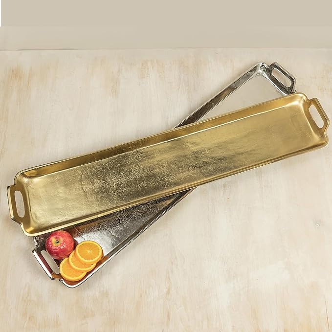 IHI Est. 1986 Long Rectangle with Carry Handles - 36 x 6 Inch Silver Tone Aluminum Multipurpose Serving Tray