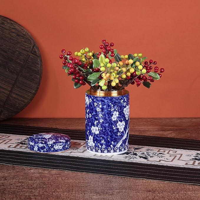 Chinoiserie Enamel Ginger Jar with Twist Lid - Traditional Chinese Blue and White Porcelain Style-Cylinder Design (Bloom Cylinder)