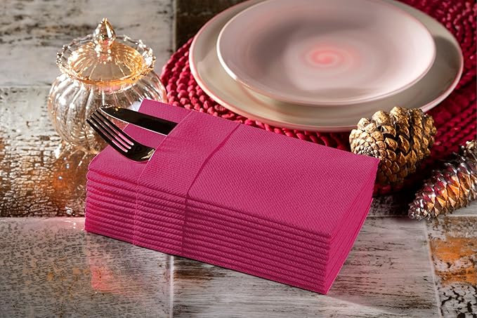 Fuchsia Dinner Napkins Cloth Like with Built-in Flatware Pocket, Linen-Feel Absorbent Disposable Paper Hand Napkins for Kitchen, Bathroom, Parties, Weddings, Dinners or Events, 1/8 Fold, Pack of 50