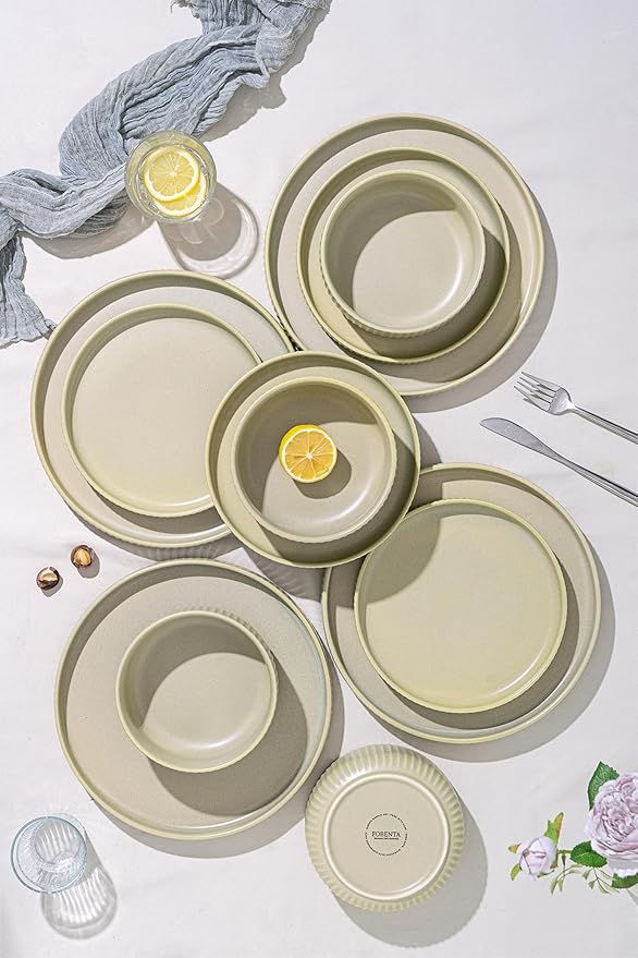 Dinnerware Sets for 4,Microwave Safe Plates and Bowls Sets,12 Piece Dylan Dish Set,Reactive Glaze Stoneware Dinnerware Set (Matte Reactive Glaze-Sage Green, Service for 4 (12pcs))