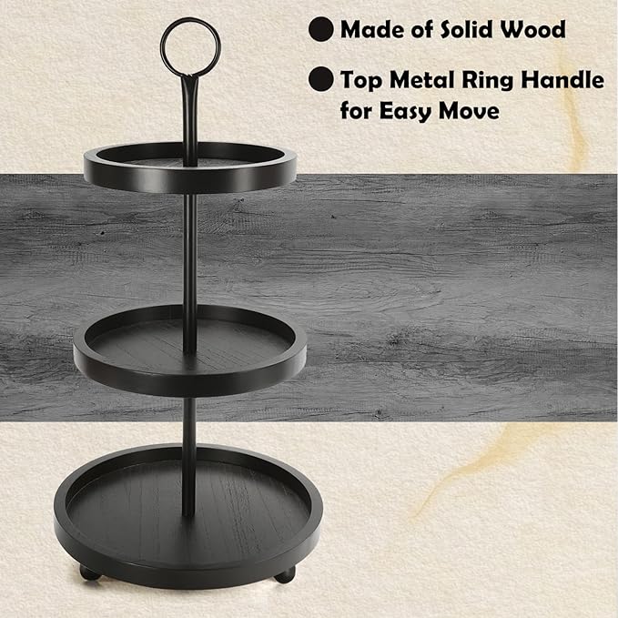 Wooden 3 Tiered Tray Stand, Farmhouse Round Black 3 tier Decorative Tray for Home Kitchen Table Decor, Serving Tray for Coffee Bar Party Weddding Holiday Decorations Fruits and Cupcake Display